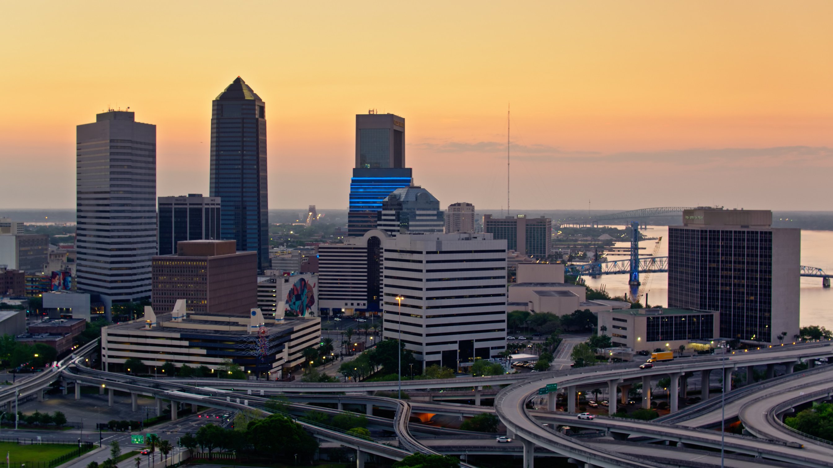 Aerial View of Downtown Jacksonville, Florida at Dawn